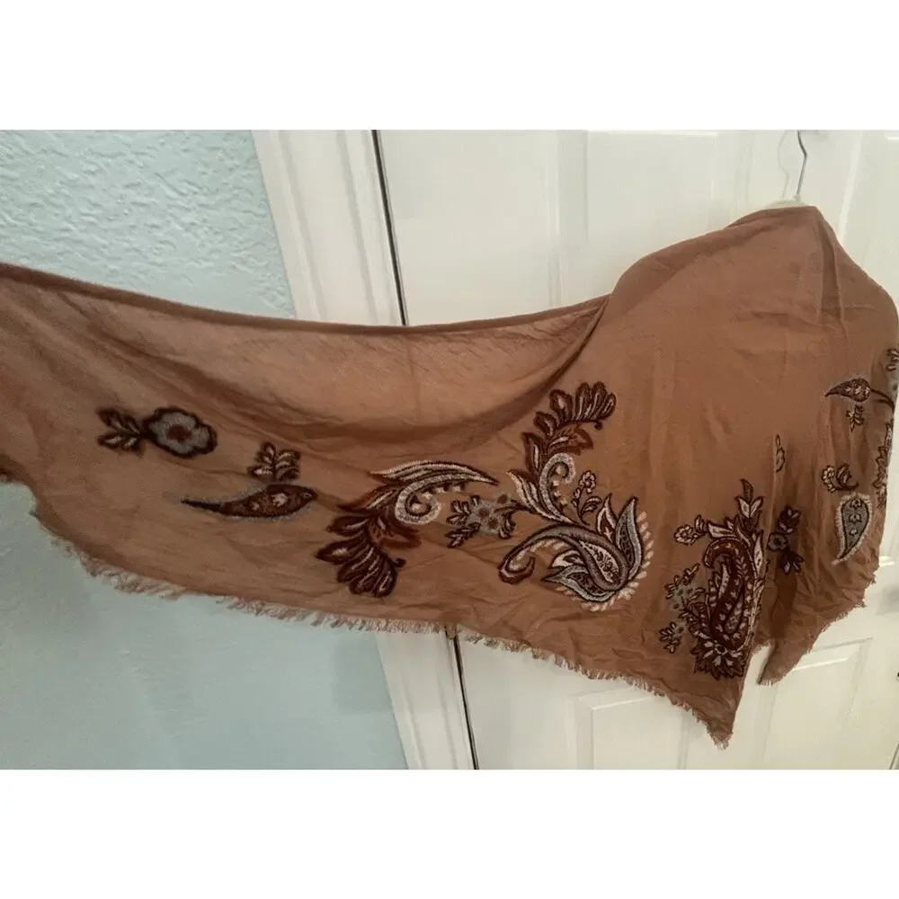 Embroidered Paisley Triangle Scarf Shawl Rust Brown Boho Fringe Modal Rayon Ctn